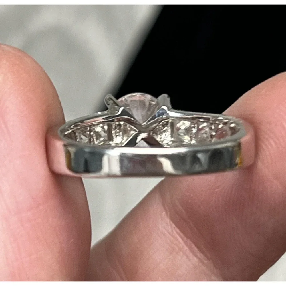 Silver Tone CZ Engagement Ring‎ Round Solitaire Channel Set Band Womens Wedding